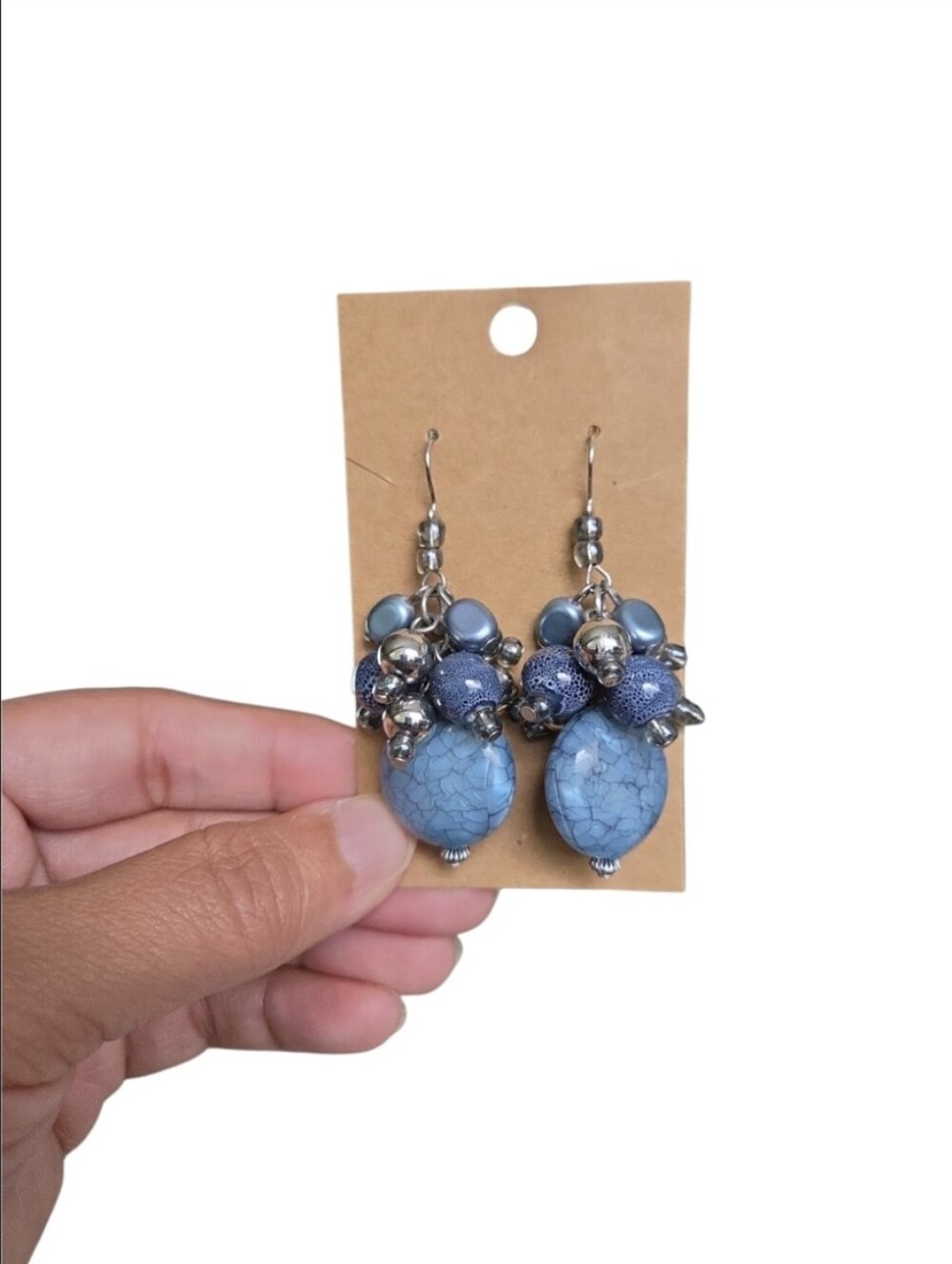 Vintage Silver Toned Blue Cluster Drop Earrings 2.5"